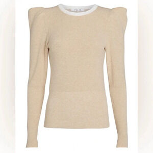 FRAME Rib Feminine Puff Sleeve Sweater 95% cotton 5% cashmere ivory SZ S